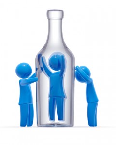 Man trapped in bottle and other two persons mourns for him. Concept of alcoholism and addiction.