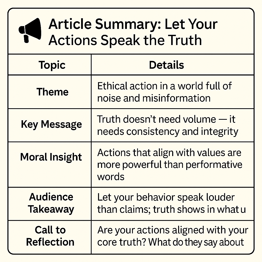 Summary table titled “Article Summary: Let Your Actions Speak the Truth,” with key points on ethical action, integrity, and reflection in a noisy world, formatted in a clean, minimalist style.